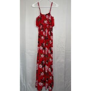 Sim & Sam Maxi Dress S Red Floral Ruffle Smocked Waist Strappy